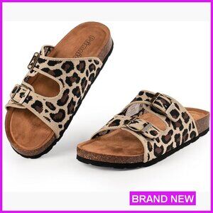 Leopard Print Knit Strap Slides Arch Support Cork Footbed Adjustable Casual